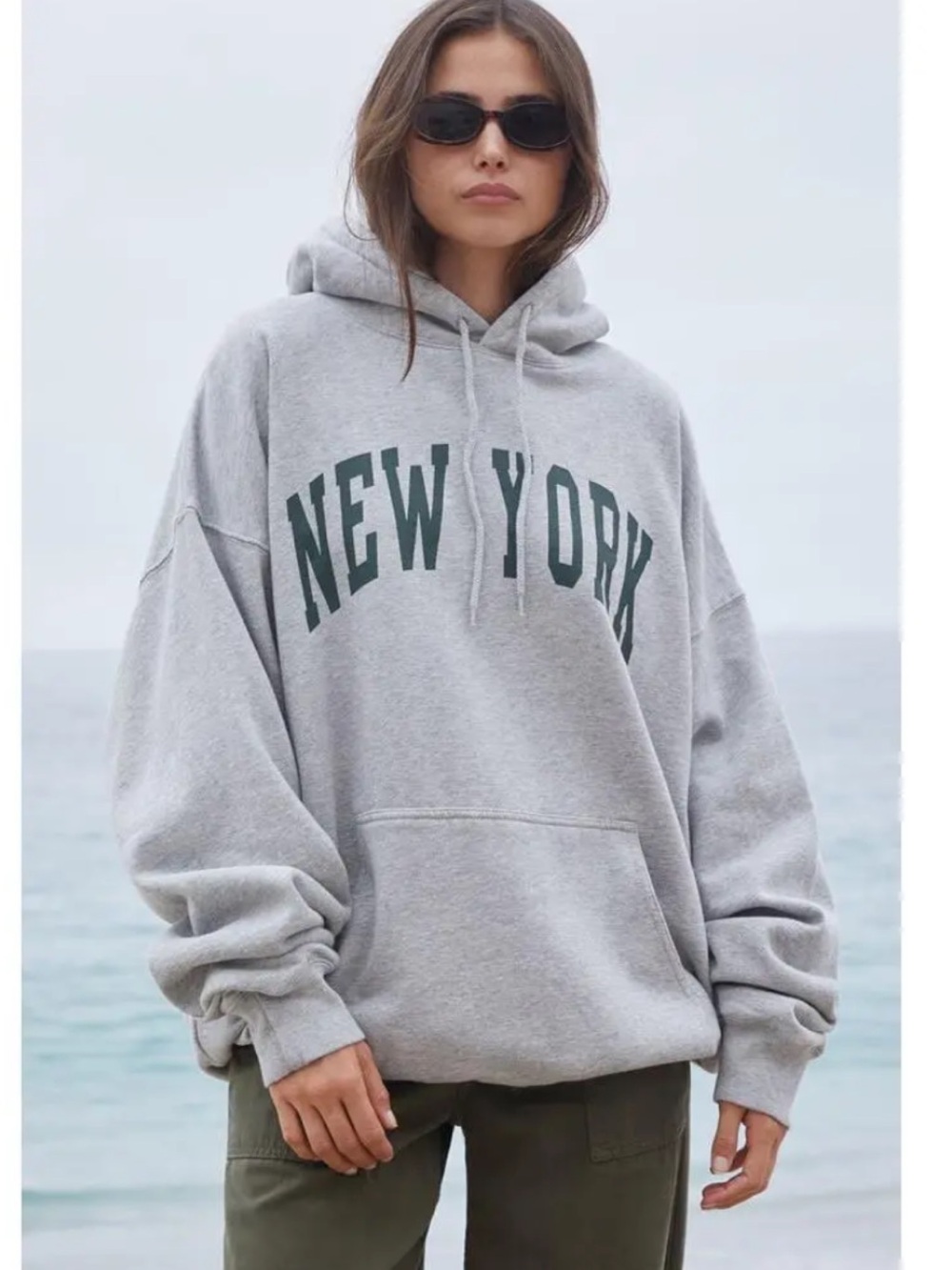 Brandy Melville Gray 'New York' Hoodie with Dark Green Print